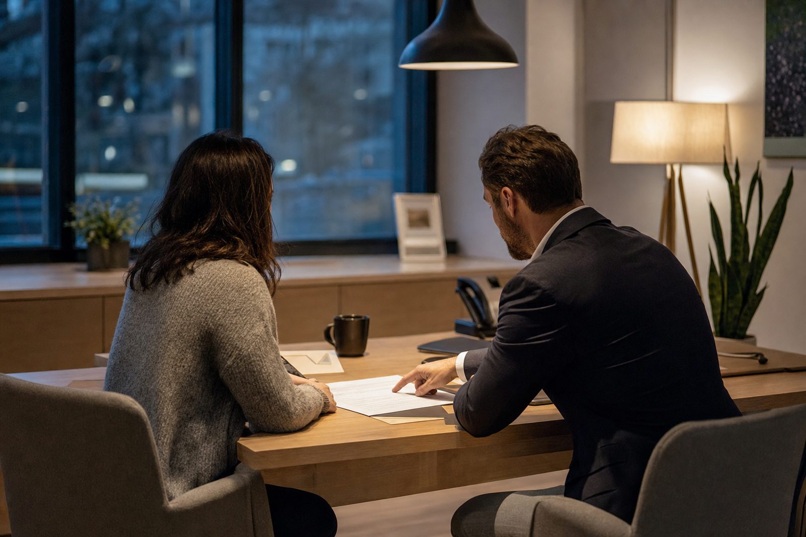 A licensed producer and a client reviewing printed policy documents together at a table in a quiet office at dusk.
