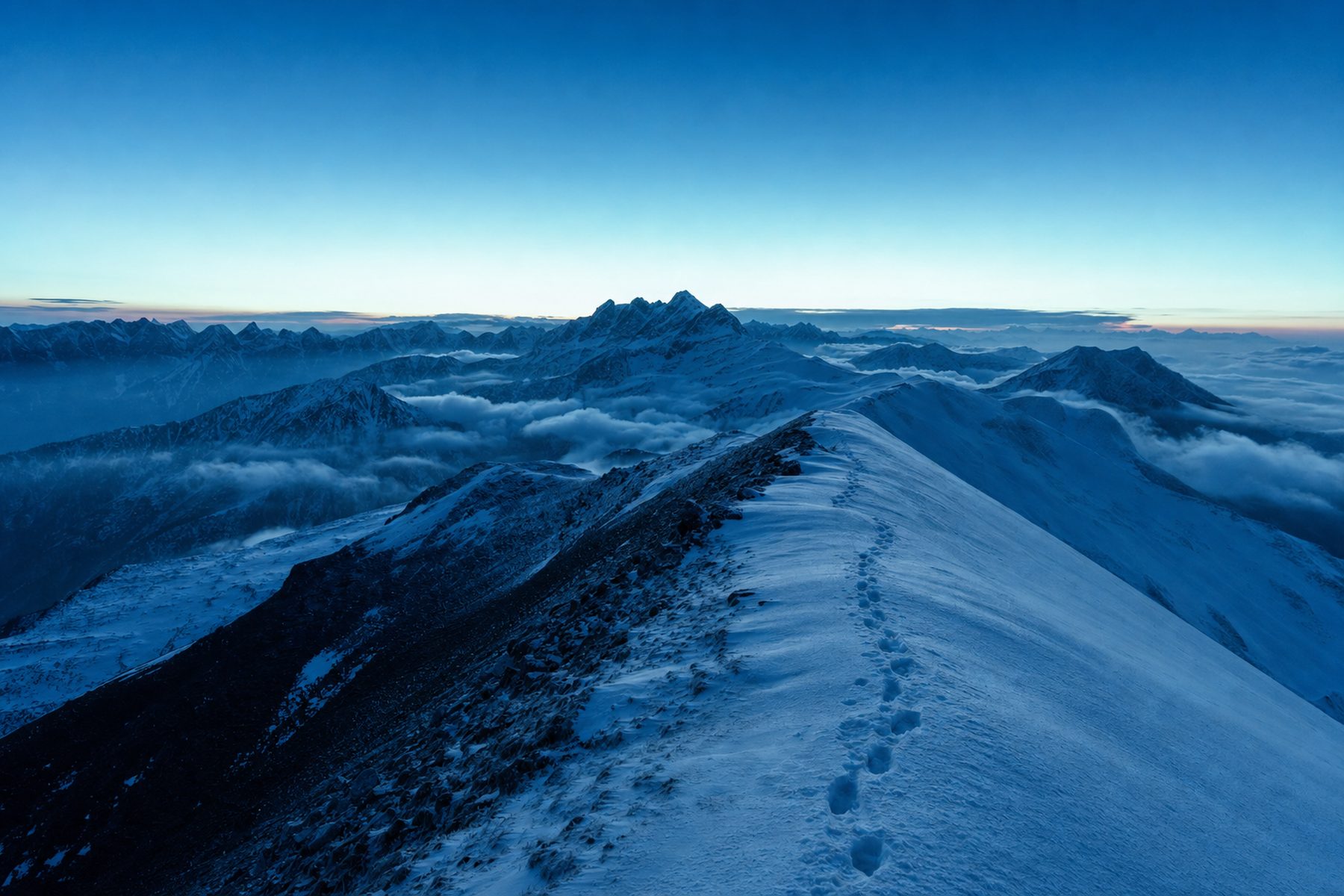 A single line of footprints traces a safe route along a snow-covered mountain ridge at dawn.